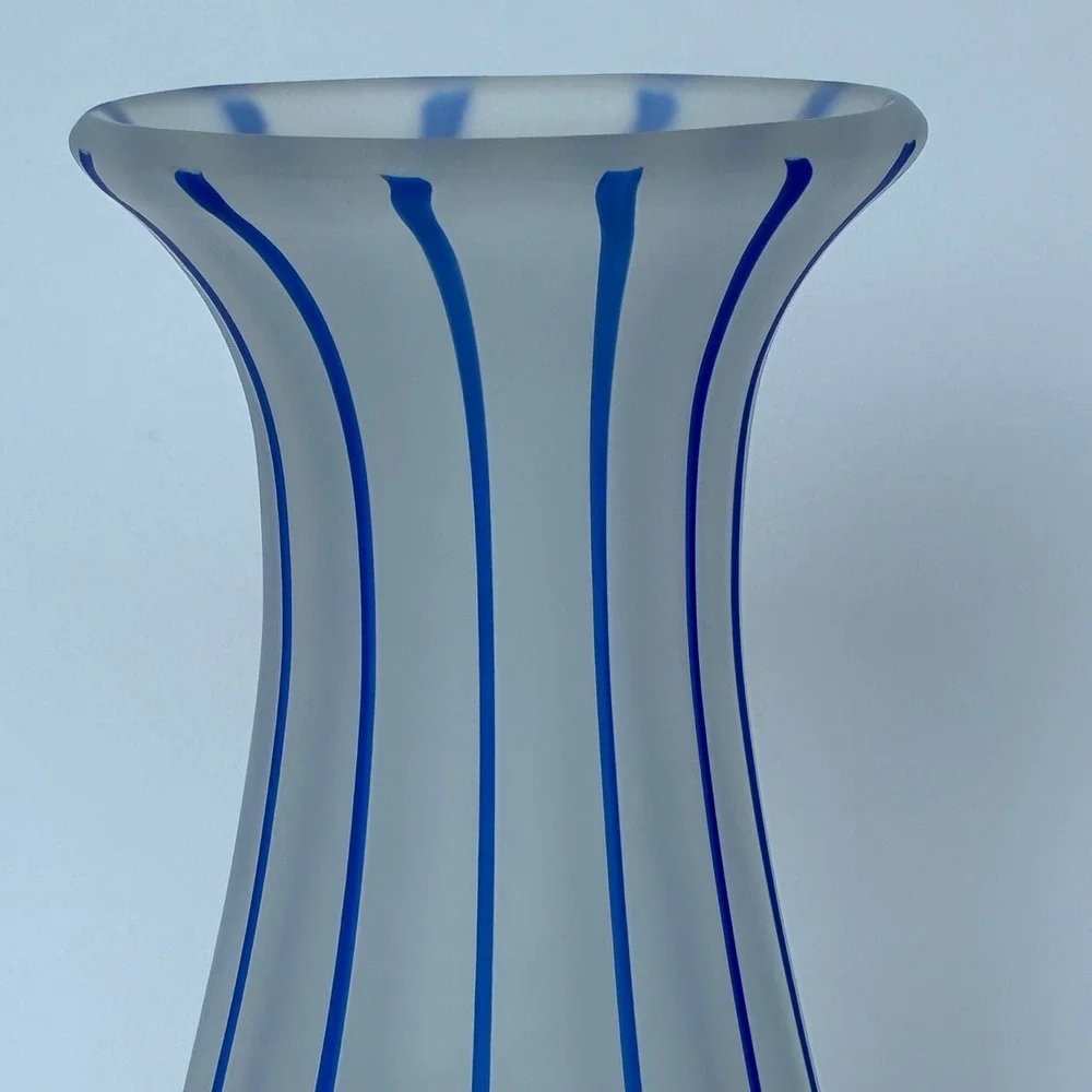 Vtg Pier 1 Satin Glass Vase Cobalt Blue Vertical Stripes Satin Finish 8.25 inch